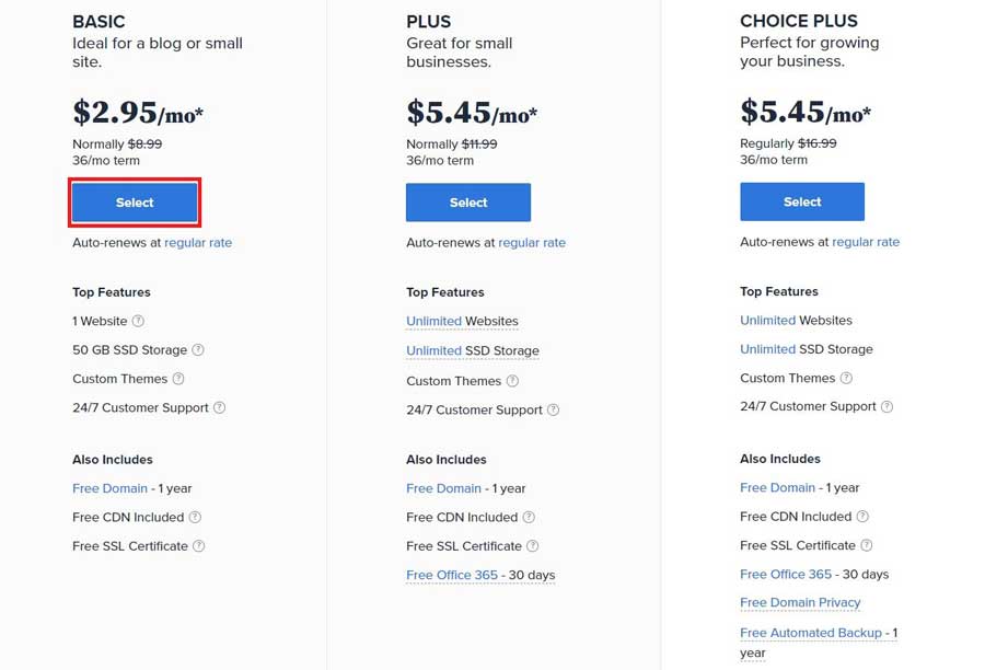 Bluehost pricing, Hosting for WordPress website